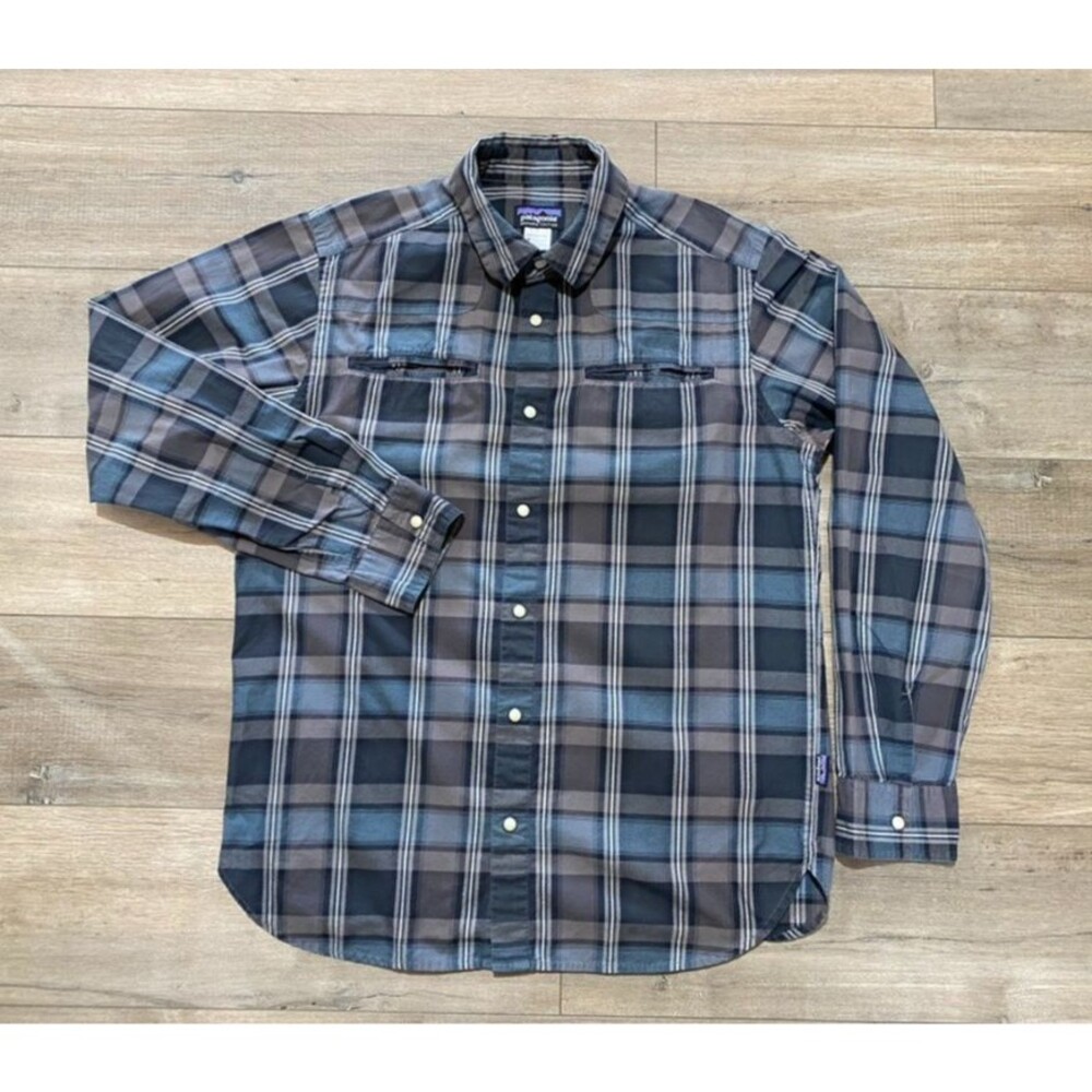 Patagonia Wagner Mens M Western Pearl Snap Blue Plaid Organic Cotton Shirt